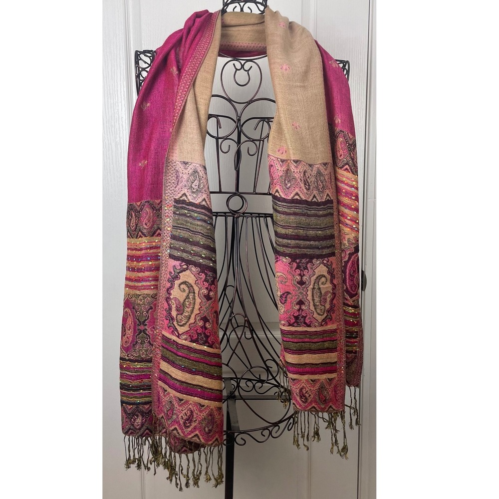 Pashmina Silk Blend Scarf Wrap Pink Paisley Floral Fringe Trim Shawl Scarf Boho